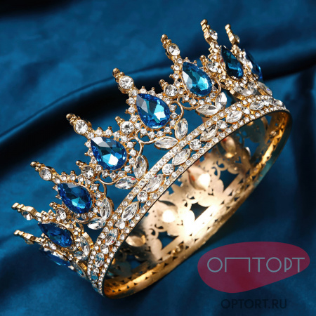 Топпер корона на торт, золото (15 см, Голубые камни)